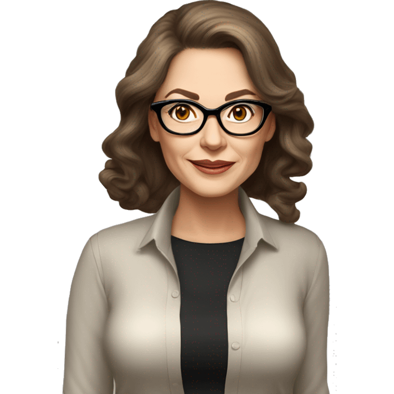 50 years old girl
long brown hair with volume styling
light skin
glasses with refined frame
Brown eyes with cat eye liner
black silk shirt with long sleeves emoji