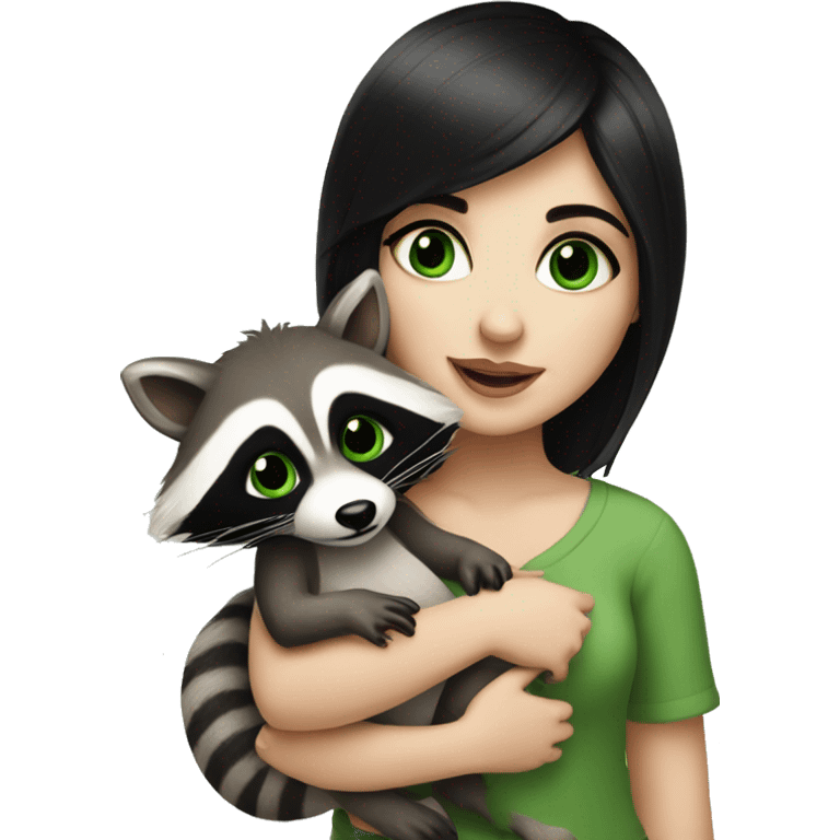 girl with black hair and pale skin with green eyes holding cute baby raccoons emoji