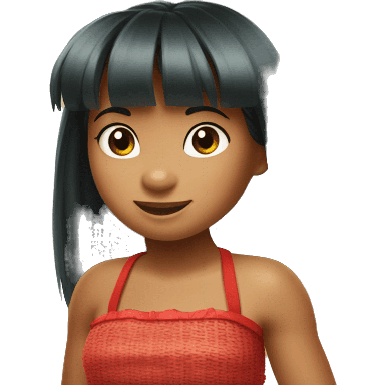 Little girl with bangs wearing a grass hula skirt and red tube top like lilo from lilo and stitch emoji