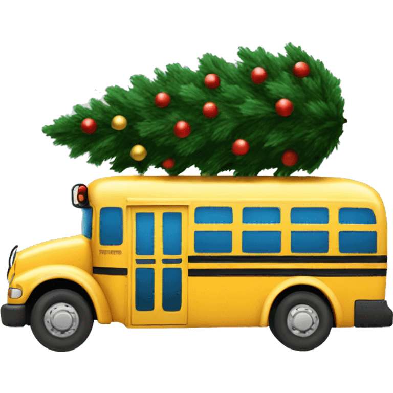 A school bus hauling a Christmas tree emoji