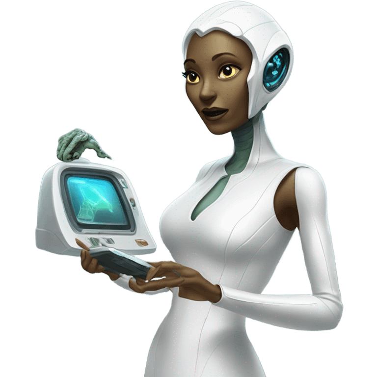  a Reptilian alien woman, in white dress, use a drive console emoji