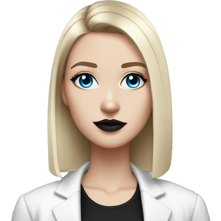 Slavic adult woman, goth eyes makeup, pink lips, blue eyes, medium bob black-to-blonde ombre straight hair, white T-shirt and black office jacket. emoji