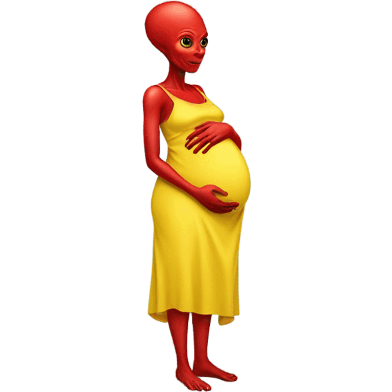 Pregnant red alien woman, full body in jellow  dress emoji