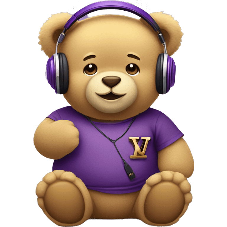 chubby cute teddy bear wearing gold headphones that has a cherry symbol on the left ear and wearing a purple Louis Vuitton shirt emoji