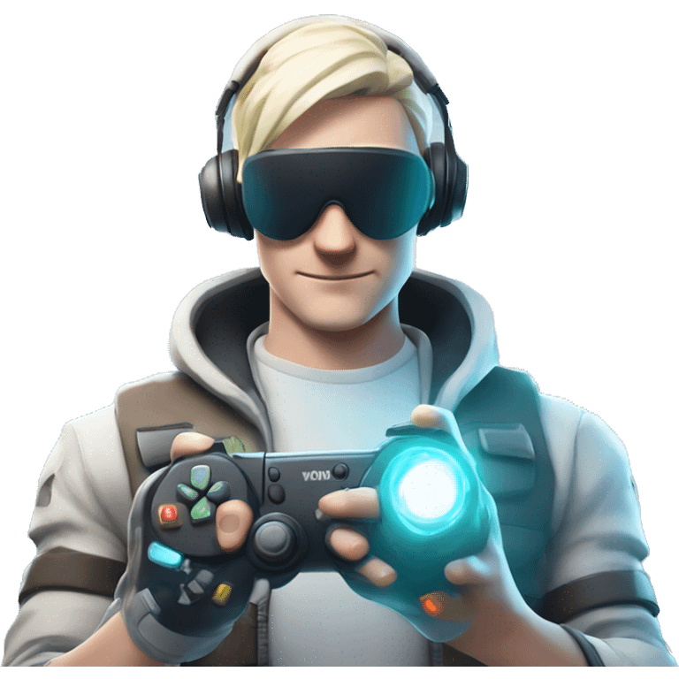 Futuristic fortnite background with a pale skin person in their 40s with a game controller playing a game emoji