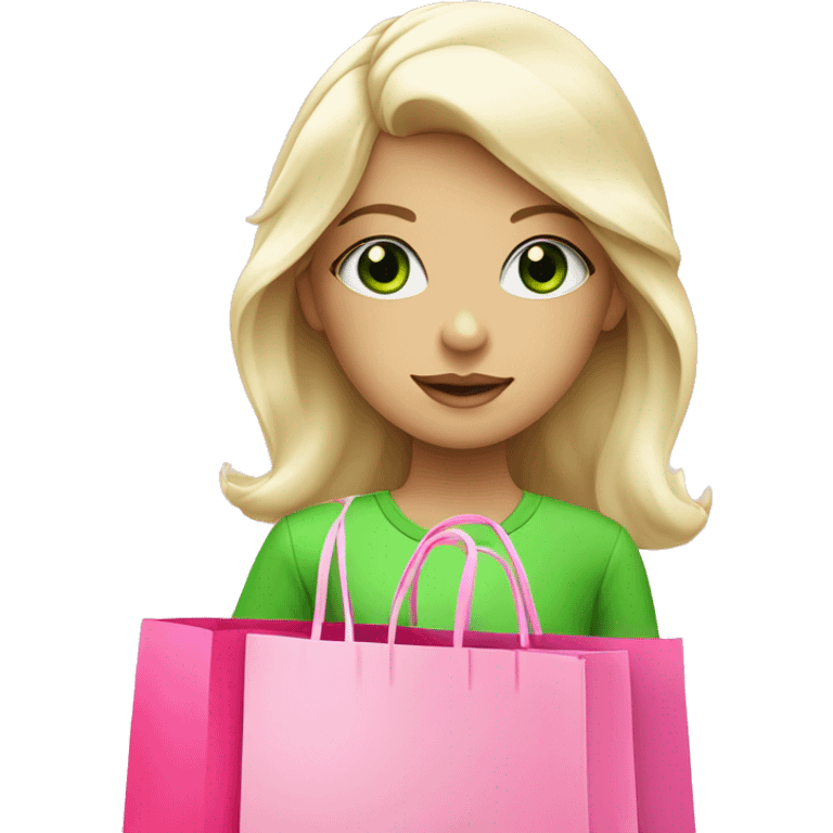 cute platinum blonde with green eyes wearing pink surrounded by pink shopping bags emoji