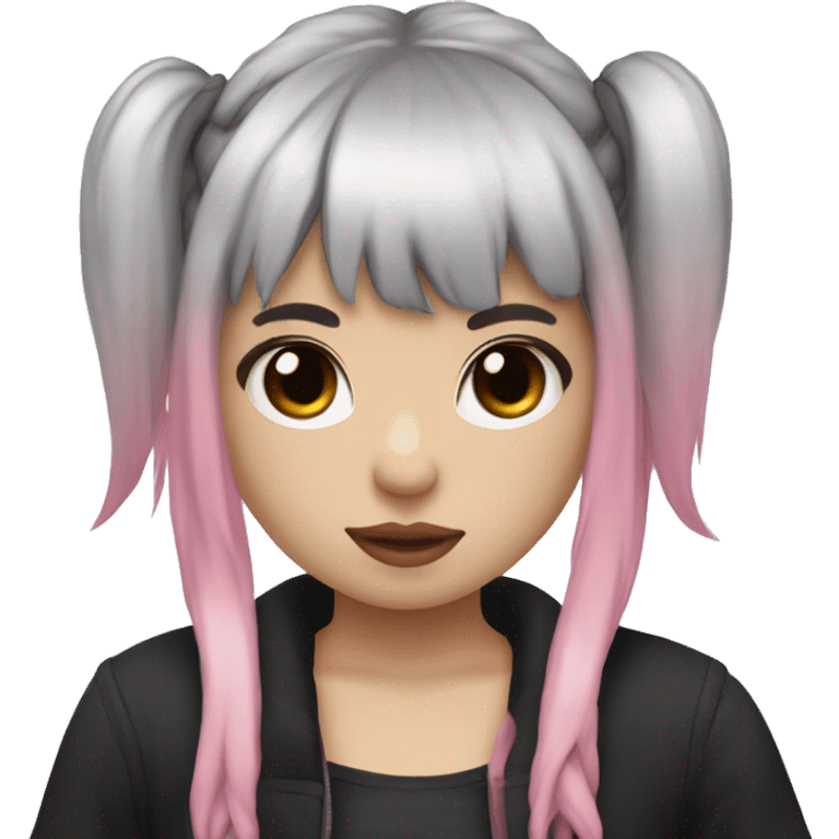 Emo girl with brown hair in pigtails with bangs and pink streaks and pale white skin and a black halter top  emoji