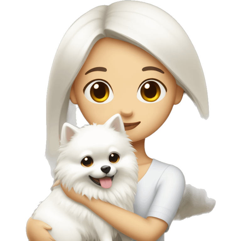 Chinese girl hugging white Pomeranian emoji