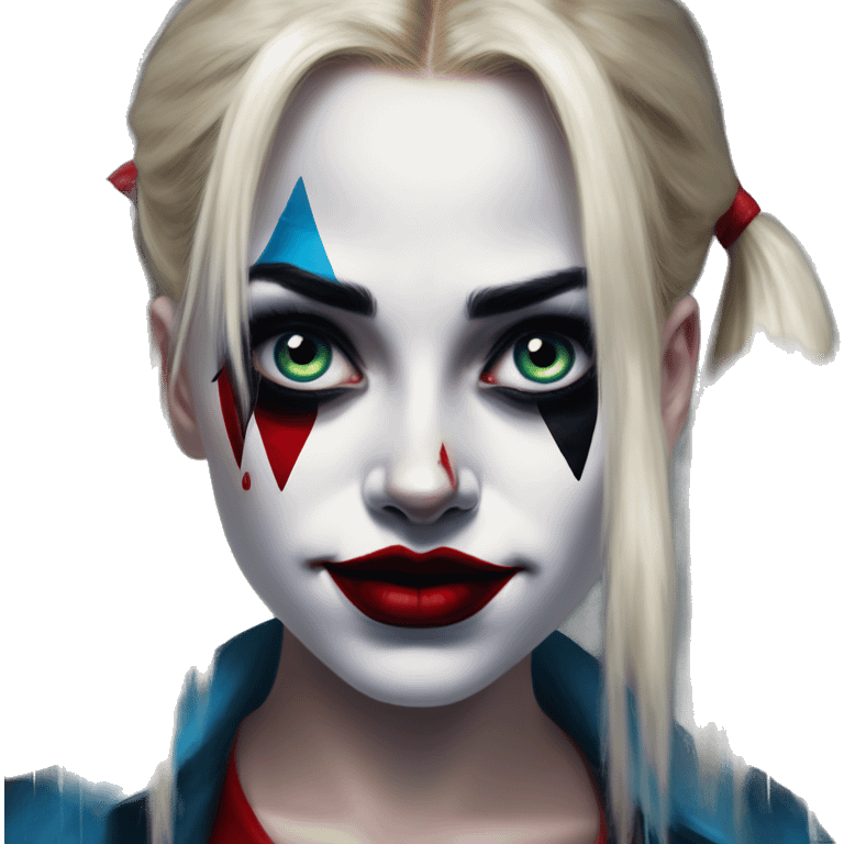 Tears in Harley Quinn style, oil paint, mysterious eyes, intricate lips, masterpiece portrait, odd perspective, beautiful, desirable, logical emoji