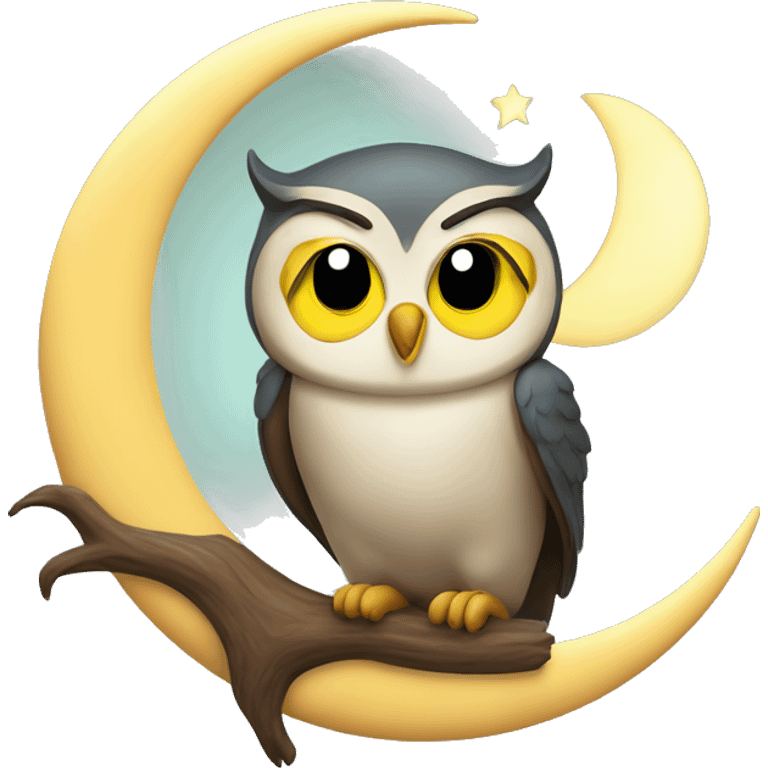 Happy owl emoji sitting on crescent moon face emoji