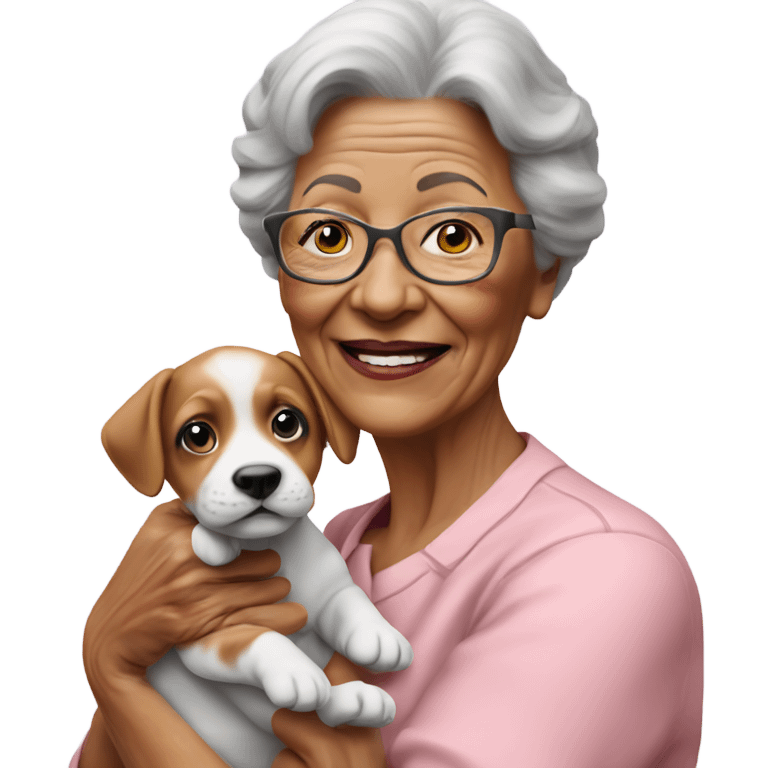 Create a 3d hyper realistic photo of a senior woman holding a puppy  emoji