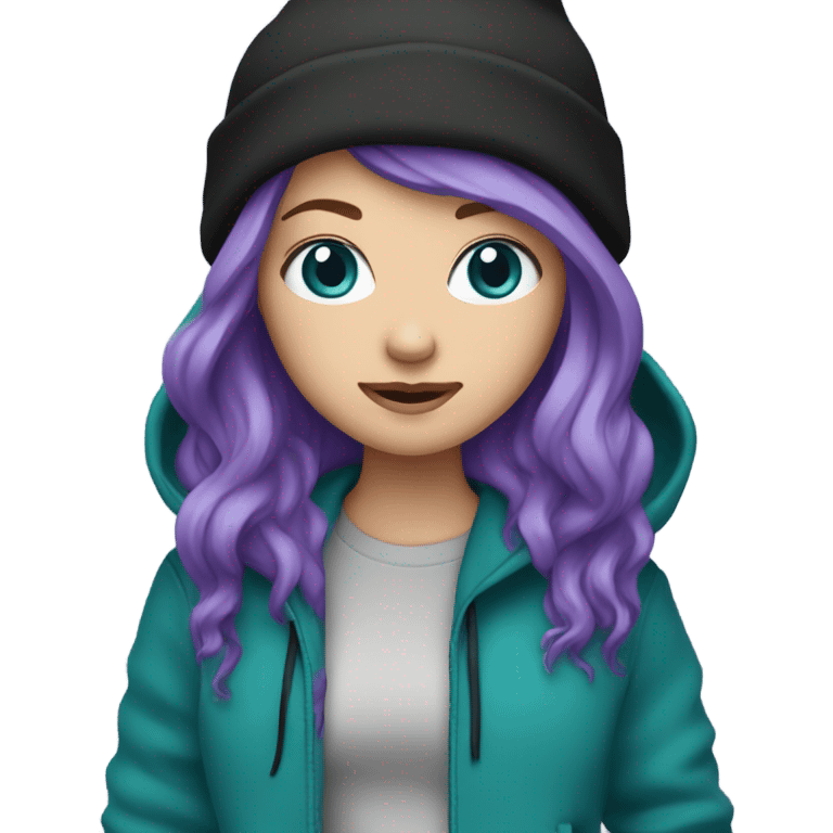 White girl, blue eyes, long teal hair, purple beanie hat, black hoodie, blue jeans, black shoes emoji