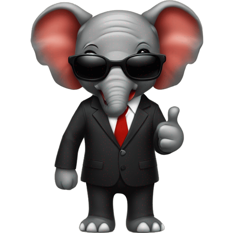 A red skinned little elephant wearing sunglasses and a black suit giving thumbs up emoji