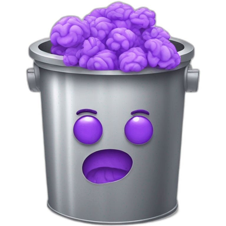 a silver trash bin with a smiley face full of purple brain emoji