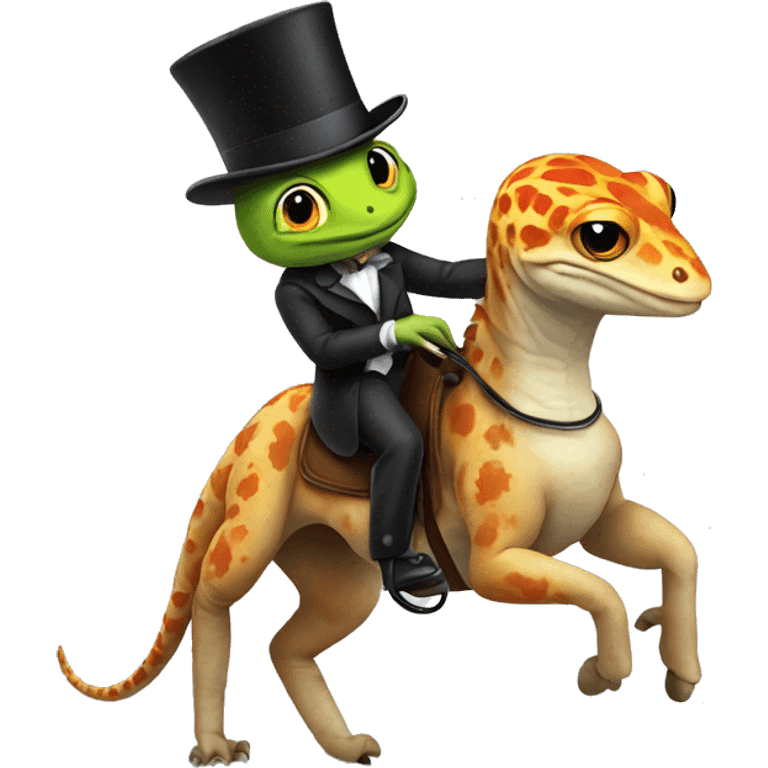 Gecko riding a horse in a top hat emoji