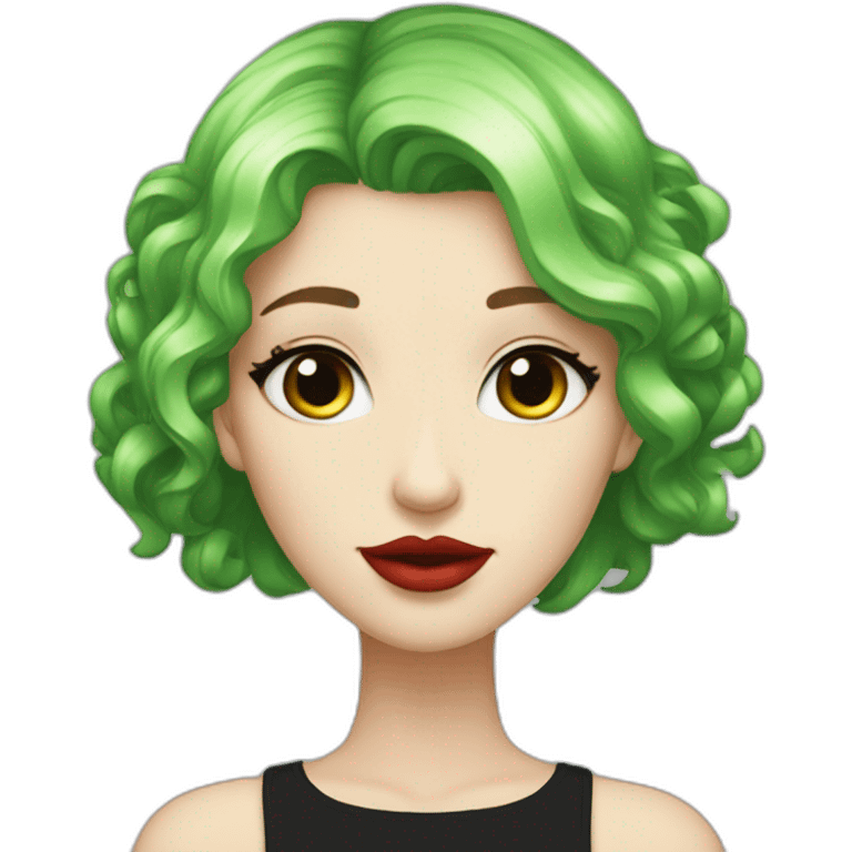 green hair,white girl, red lips, looking camera, e girl, short hair, black dress emoji