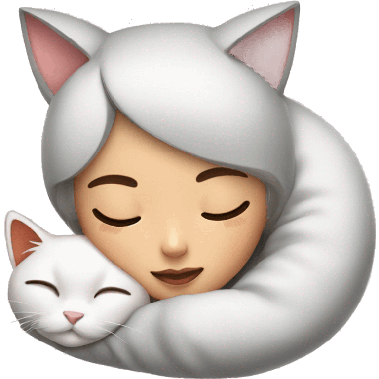 a super cute cat is sleeping above an asia girl head emoji