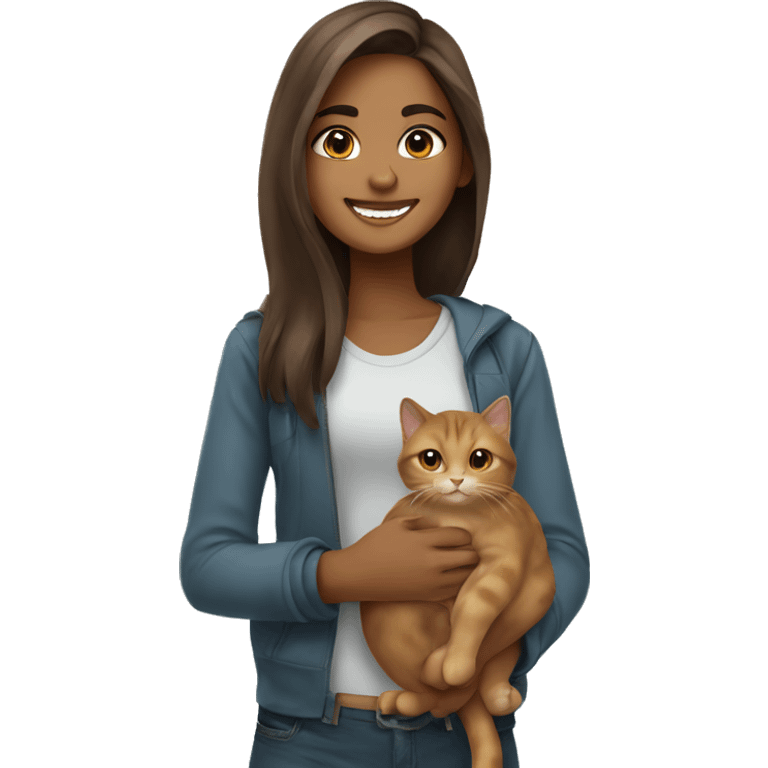 A  girl from Dubai with brownish long hair holding a cat and smiling  emoji