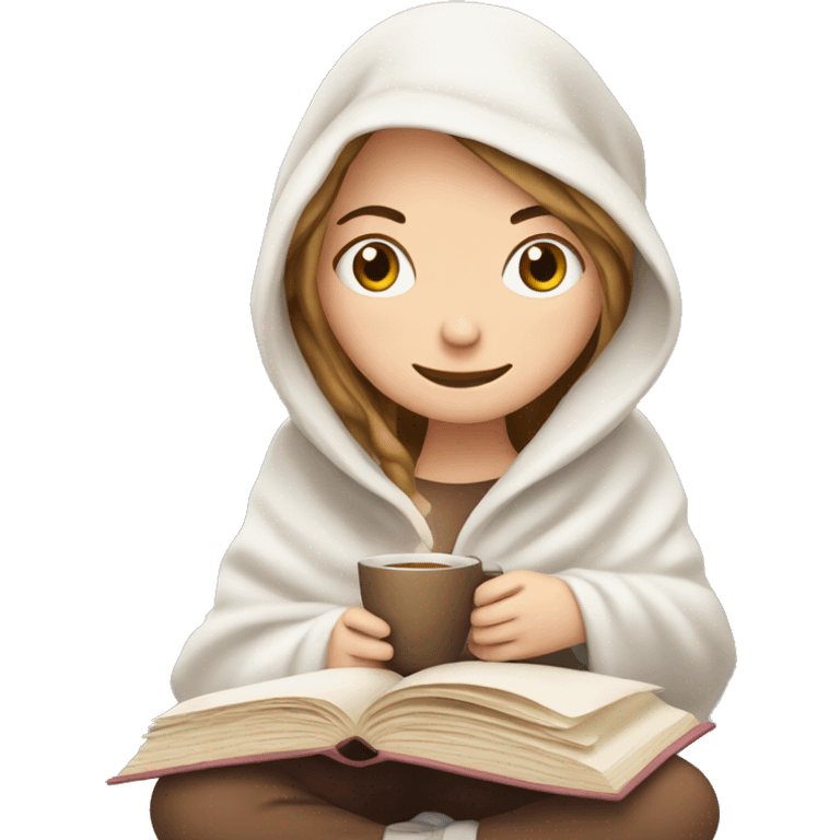 White Girl reading a book under a blanket with coffee in her hands emoji