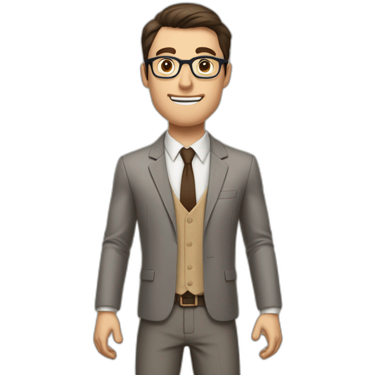 To belt Actively gesturing with hands Pale skinned fit man teacher with dark brown hair in gray jacket, beige office shirt, brown tie, brown pants and vintage glasses. emoji