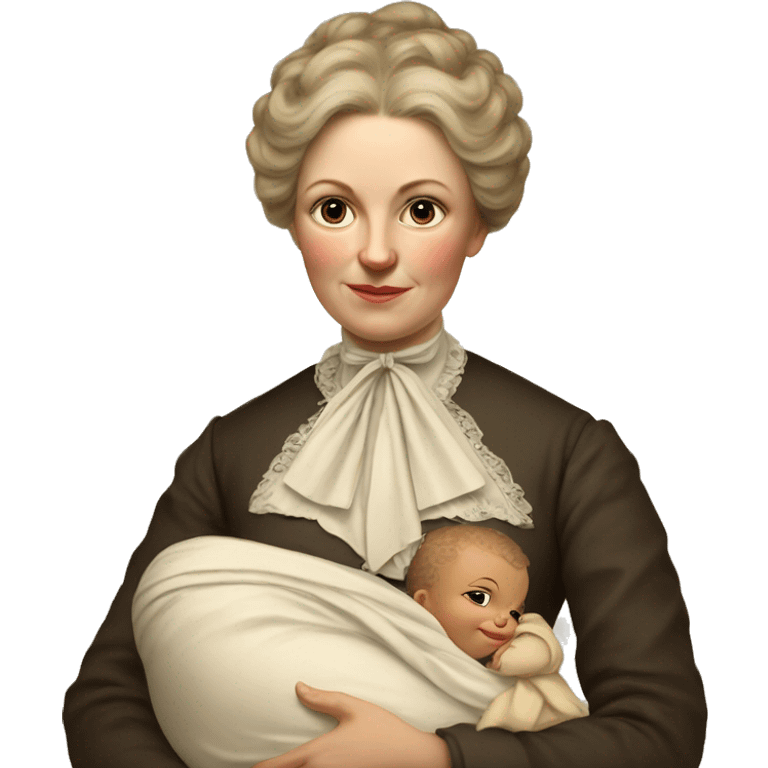 A 19th century white woman with a baby in her arms. There is a big letter "A" on the dress emoji