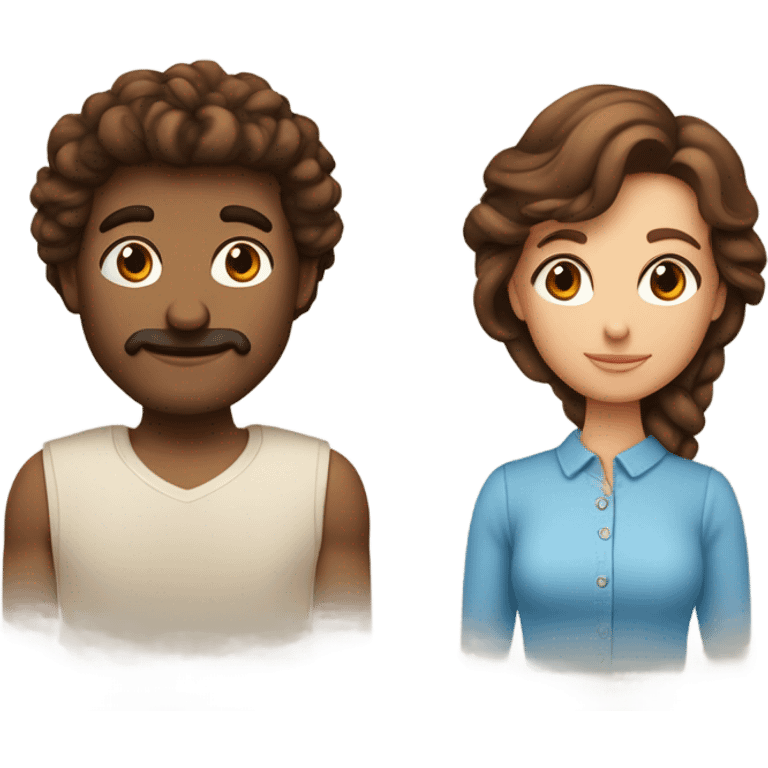 Couple qui se fait un câlin La femme est brune, cheveux lissés Les yeux marrons et l’homme a les cheveux châtains bouclés et les yeux bleus emoji