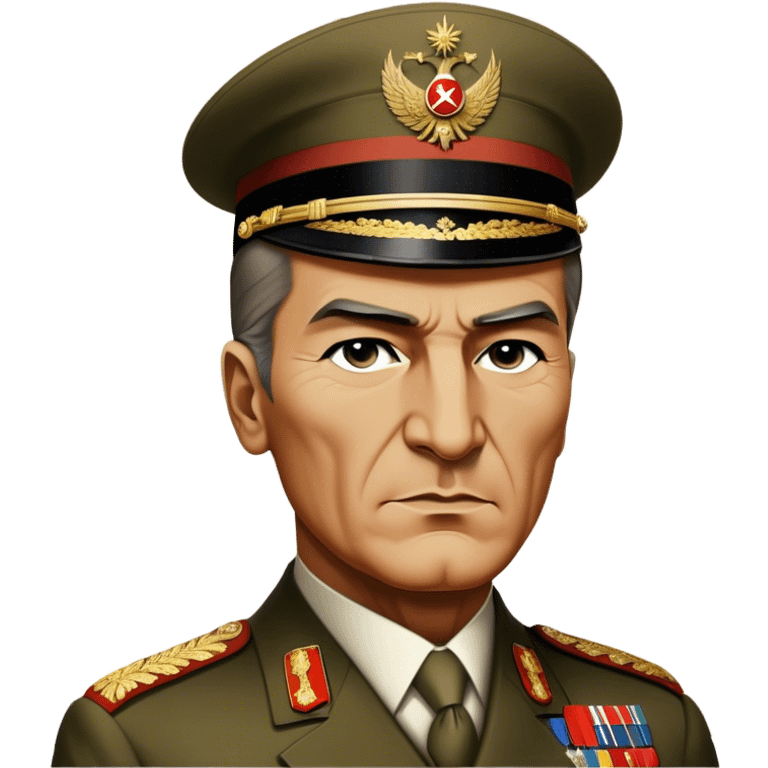 Cinematic Realistic Mustafa Kemal Atatürk Portrait Emoji, depicted as a visionary statesman with a determined gaze and period military attire, rendered with rich textures and dynamic historical lighting that captures his transformative leadership. emoji