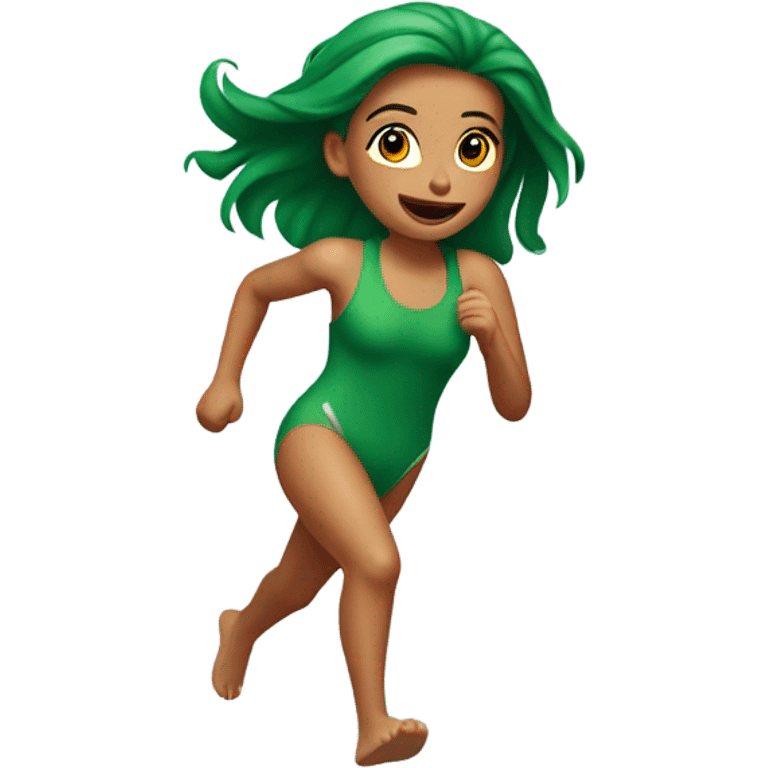 Running out of house, in bathing suit  with red green hair girl emoji