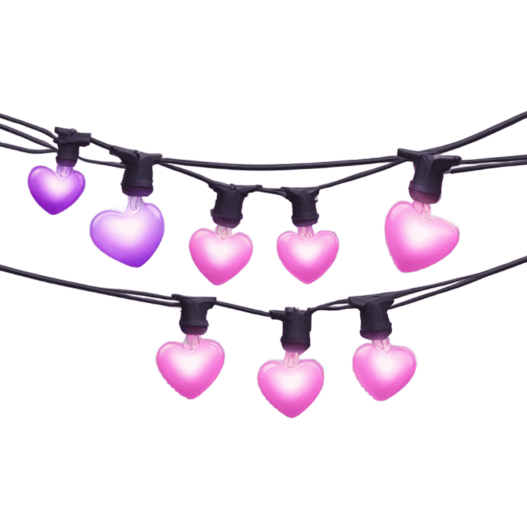 Realistic string lights with pink and purple bulbs in the shape of a heart and a power plug in on the end of the lights. emoji