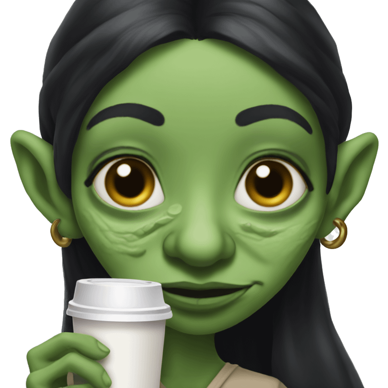 Ugly goblin woman with long black hair and a big nose holding Starbucks emoji