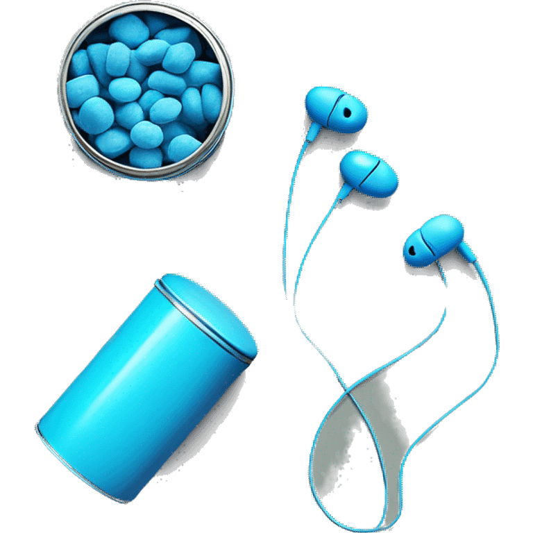 blue candies and a wired earphone in a tin emoji