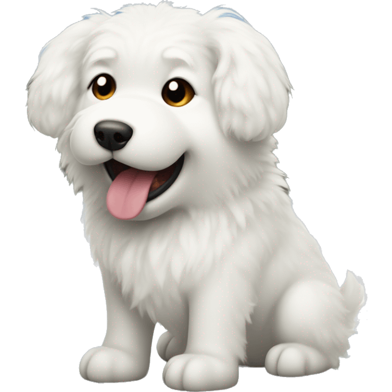 white fluffy dog, with one ear sticking up, tongue out emoji