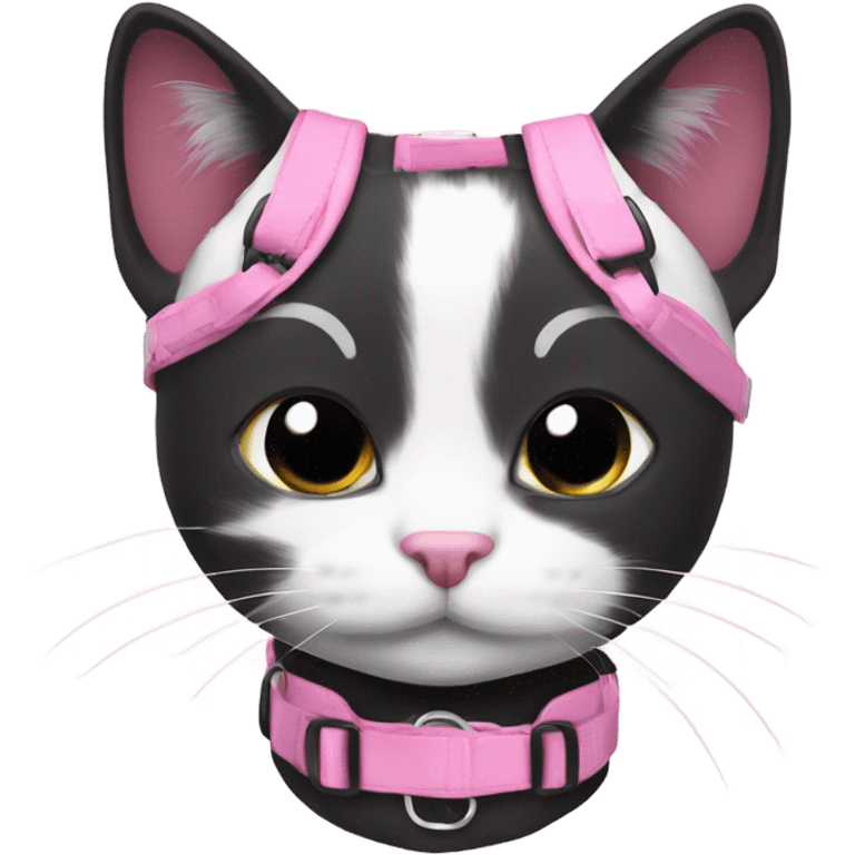 Black and white cat in pink harness emoji