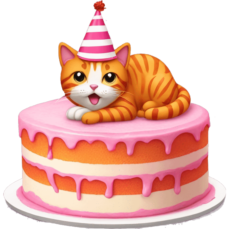 Orange cat with stripes wearing a red party hat eating a piece of pink cake emoji