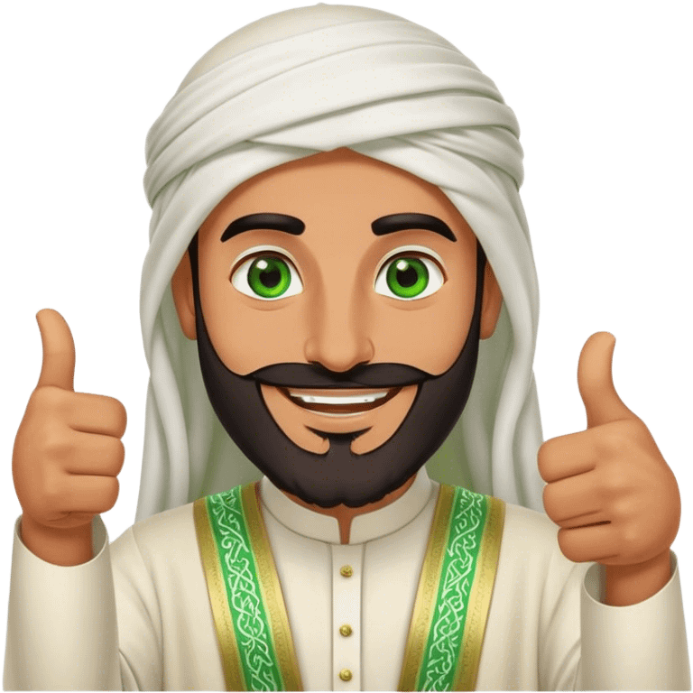 "Tanned Arab Saudi man with green eyes and a beard, wearing an agal and traditional attire, smiling happily and giving a big thumbs-up emoji