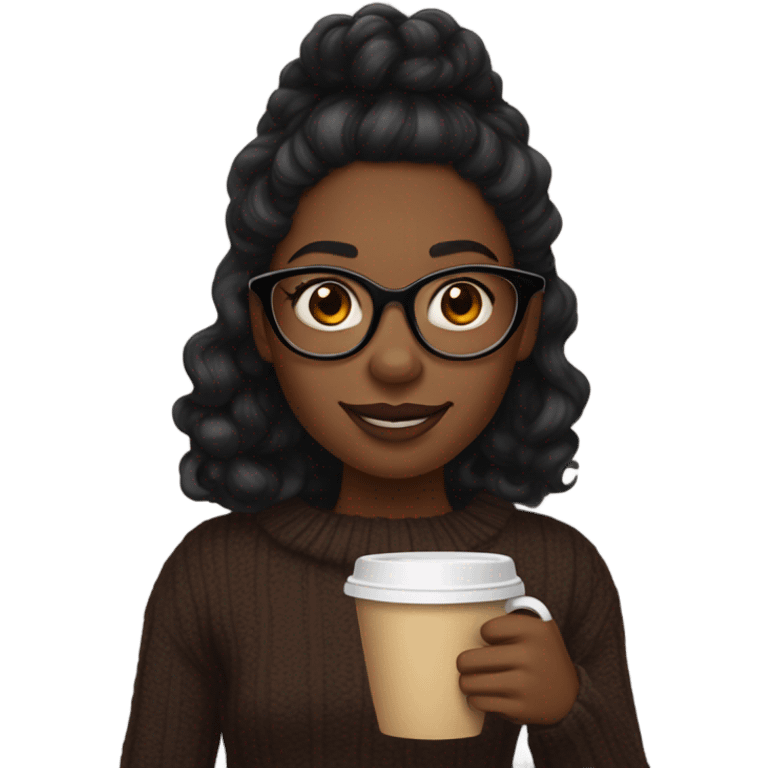 Dark brown wand curl long hair black women sweater brown eyes and small glasses holding coffee emoji