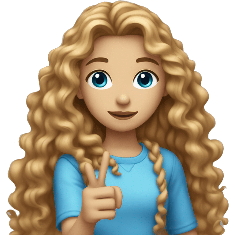 girl with light brown long curly hair and blue eyes doing a hand heart  emoji