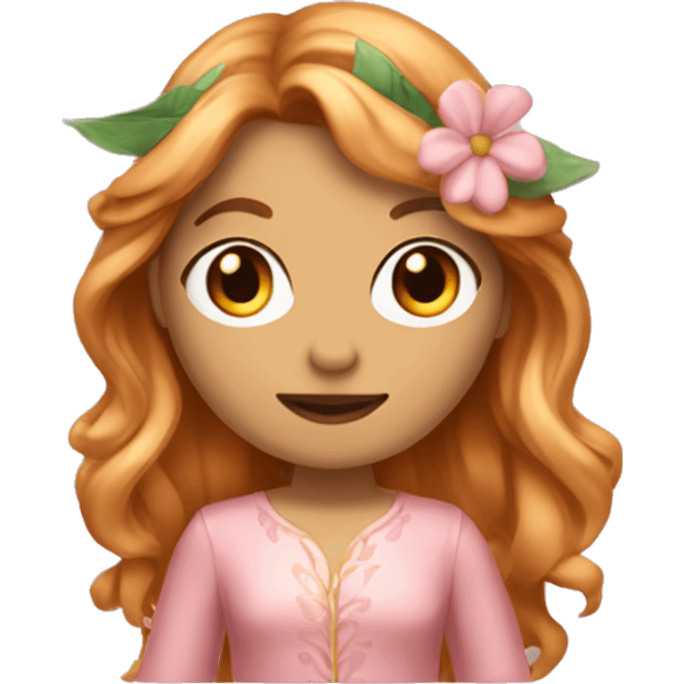 Full body Fairy white woman emoji with long wavy copper hair and blonde highlights, also with curtain bangs, brown/honey eyes, with a pink outfit inspired in flower leaves emoji