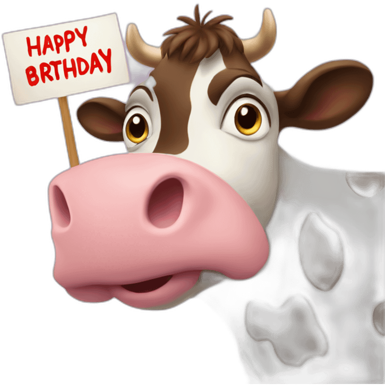 cow holding a sign that has “Happy Birthday Priya” emoji