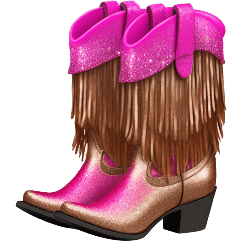 Realistic hot pink to bronze ombre pair of fashion cowgirl boots with sparkly shiny glitter fringe on them. emoji