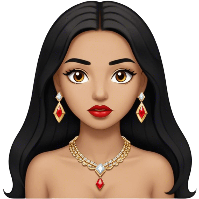 Woman, light brown skin, black long hair, medium arched eyebrows, brown eyes, full lashes, and red lips wearing a gold necklace with diamond studs emoji