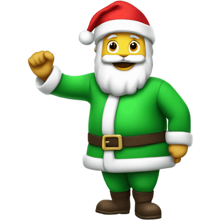 Santa Claus in a green suit and green hat waving with his left hand holding a red sack over his right shoulder emoji