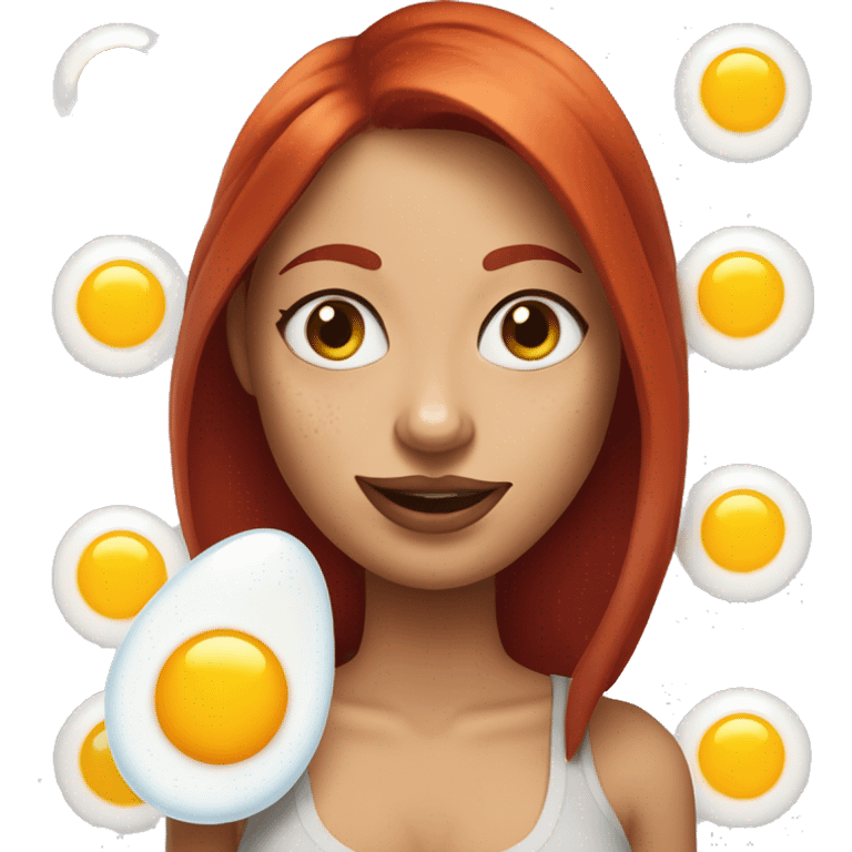 Woman with red hair, nose piercing, blue eyes and arm tattoos holding fried eggs emoji