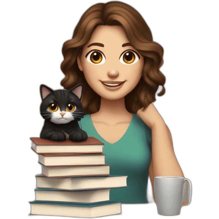 A smiling woman holding a stack of books, she has brown wavy hair in a middle part. There is a black and white cat sitting beside her. The woman has brown eyes  emoji