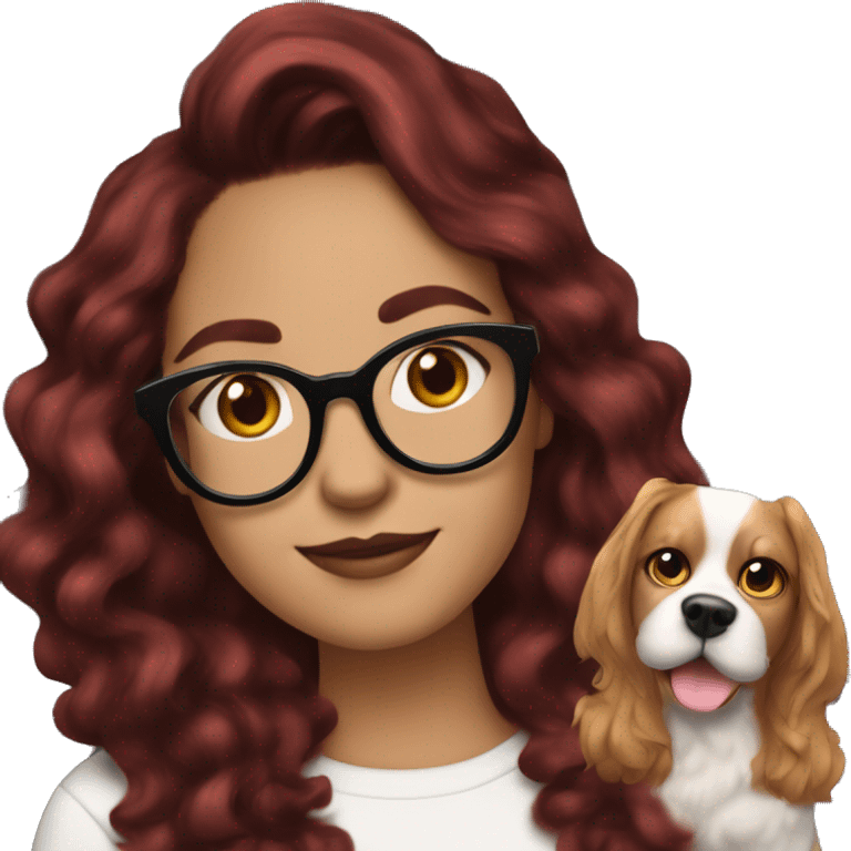 a girl with light skin , wear cat eye glasses , wavy mid length hair , dark red hair with the snapchat dog filter emoji