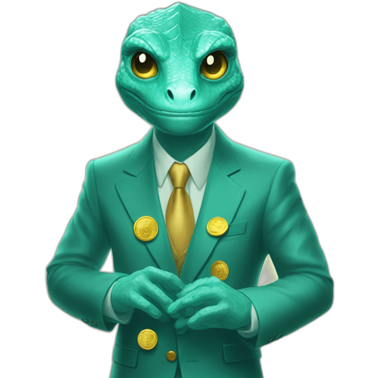 Aquamarine reptilian in classic suite with laser eyes on the golden coin in background emoji