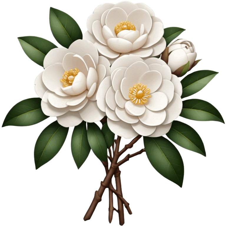 A bouquet of pure white camellias, without leaves, only brown branches  emoji