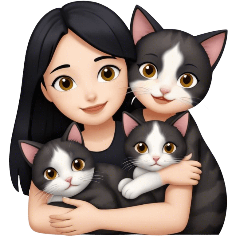 happy girl with black hair hugging three cats  (black calico cat, gray cat, brown calico cat) emoji