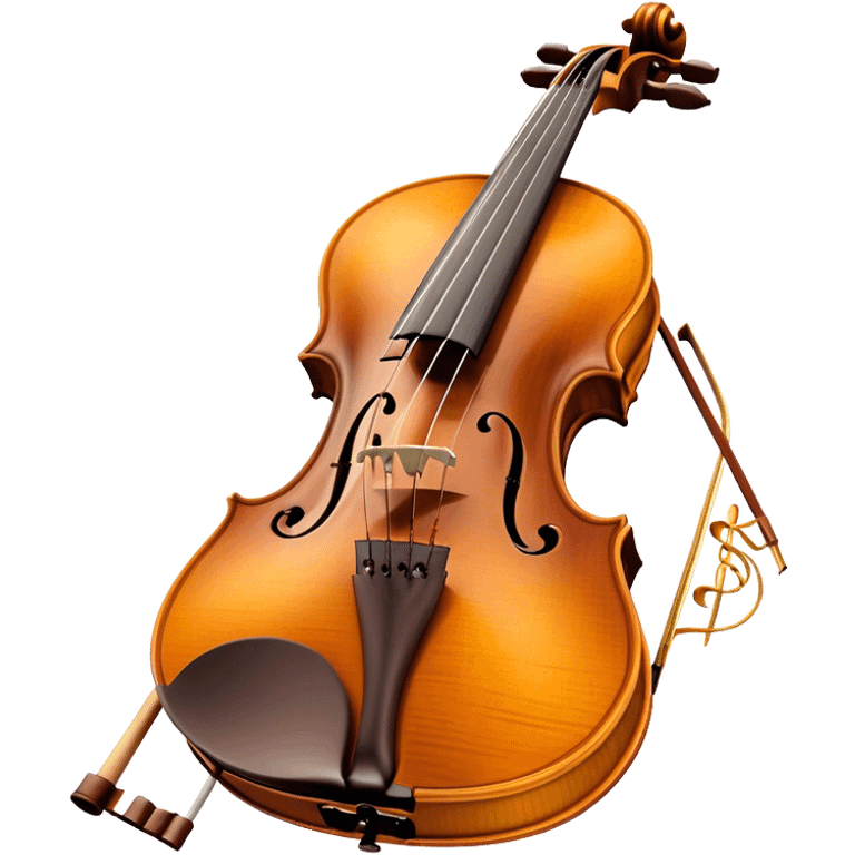 Create a sophisticated and detailed emoji representing the 'Macdonald' viola by Antonio Stradivari. The design should feature a beautifully crafted viola with visible fine details, including the scroll, f-holes, and rich wood texture. Add subtle elements like a bow resting on the strings and musical notes to evoke the instrument’s classical nature. Use rich, warm colors like golden brown, amber, and subtle hints of gold to reflect the luxury and craftsmanship of Stradivari's work. The background should be transparent. emoji