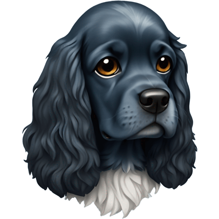 Sad cocker spaniel , with black fur, black head , white chest . In blue torn jacket emoji